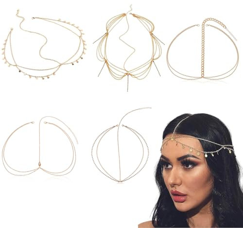 Yeomju 5 Stück Goldene Kopfkette für Damen,Goldene Haarkette, Hippie Orientalischer Kopfschmuck, Goldene Sonne Kopfkette, Goldene Haarkette für Hochzeit Braut Haarschmuck