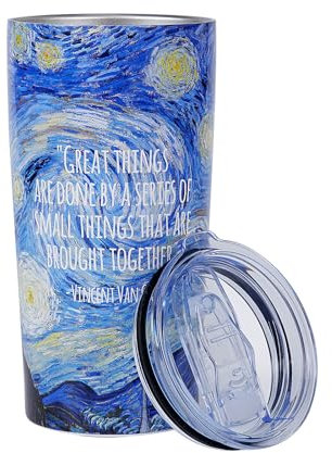 1st Heaven Van Gogh Taza térmica de 600 ml, vaso de café a prueba de fugas con tapa, taza aislada de acero inoxidable, diseño artístico, regalo para amantes del arte, ideal para oficina, viajes y