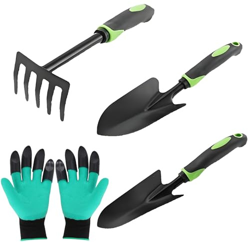 Attrezzi Giardinaggio 4 Pezzi Set Giardinaggio,Giardinaggio Attrezzi-Pala Da Giardino,Rastrello Da Giardino,Guanti Da Giardinaggio,Attrezzi Da Giardino Appendibile Regali per Giardinaggio