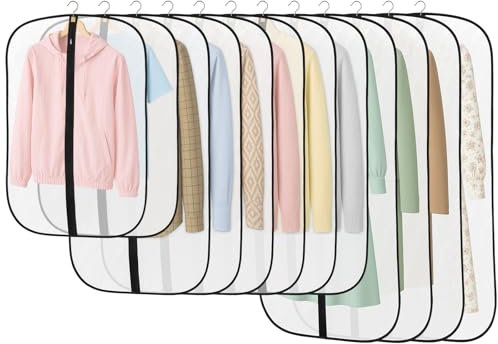12 Pack Clothes Cover Protector Bags, 4pcs 120cm + 6pcs 100cm + 2pcs 80cm, PEVA Translucent Garment Covers, Suit Storage Bags, Dress Organizer Bags Used To Wardrobe Storage or Travel