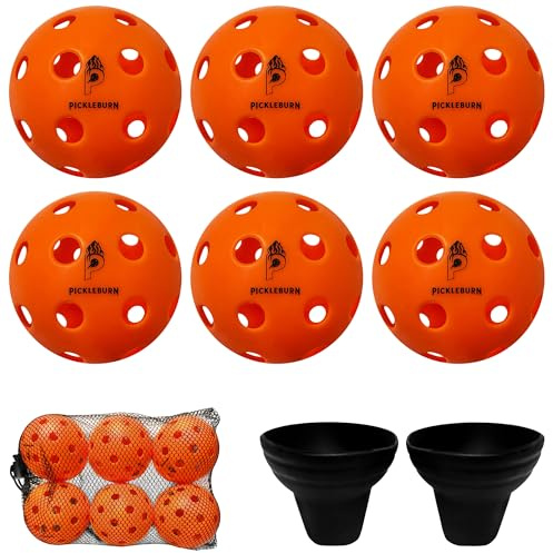 Pickleburn BurnCourt 40 - Bolas Pickleball Naranja Neón Pack de 6 Pelotas para Juego Exterior Outdoor 40 Agujeros Rebote Alto y Preciso con Bolsa y Pickers para Todos los Niveles