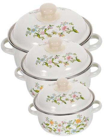 BESTYASH Ollas Esmaltadas Pequeñas Para Sopa Fondo Plano y Asas Dobles, Juego De 3 Piezas (16-18-20 Cm), Diseño Vintage, Para Cocina Familiar y Preparación De Fideos Instantáneos