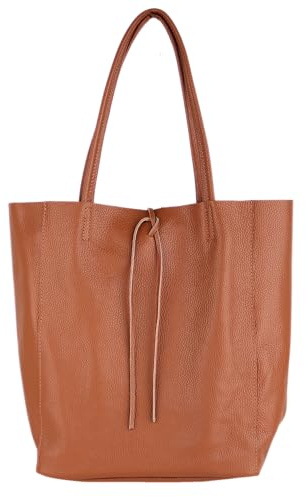 MIRROSI Shopper Damen aus Echtleder – Made in Italy – Henkeltasche & Tragetasche 38x38x16 cm – Einkaufstasche in vielen trendigen Farben – passt für A4-Ordner (Cognac)