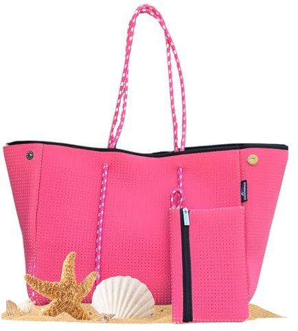 SACKTORLEX BOLSO PLAYA Mujer Grande Impermeable+Pouch INCLUIDO-bolsa playa de mano TOTE BAG tela Neopreno con cierre Mágnetico Ligero y Multiusos para Piscina, Playa, Trabajo y Viaje (CORAL)