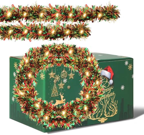Weihnachtsgirlande Batteriebetrieben 5m 50LEDs tannengirlande mit Beleuchtung Innen Außen Weihnachtsdeko Girlande Weihnachten (Grün und Rot)