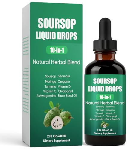 Soursop 10 in 1 Extract Drops, Soursop Bitters Liquid Drops with Sea Moss, Turmeric, Moringa, Oregano, Black Seed Oil, Ashwagandha, Chlorophyll, Sugar/Gluten Free, Natural Flavor (1)