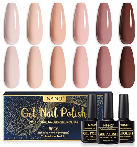 INPING Gel Nail Polish Set, Nude Brown 6 Colors UV LED Nail Varnish, 8ML | Glitter Nail Varnish Soak Off UV/LED for Women French Manicure Home DIY Nail Art Salon, Long-lasting