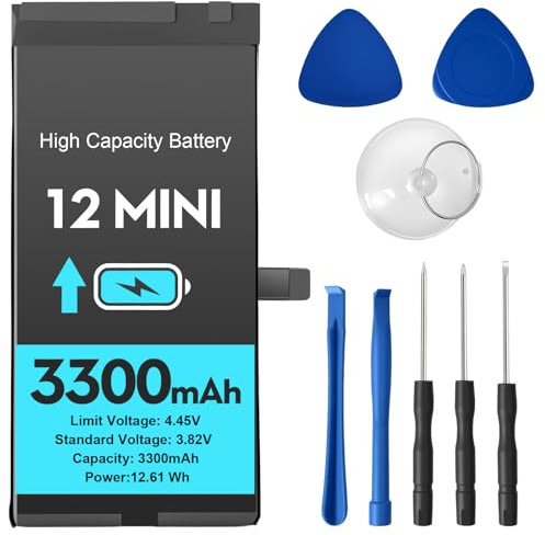 Akku für iPhone 12 Mini, 3300 mAh Hohe Kapazität Lithium-Polymer-Akku mit Reparaturwerkzeug,Ersatzakku Kompatibel mit A2176/A2398/A2399/A2400
