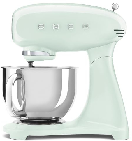 Smeg, Full Color SMF0PGREU Planetenkneter, 10 Geschwindigkeitsstufen, Smooth Start und Steady Mix Funktion, 4,8 L Schüssel, Motorblock, 3 Schneebesen und Knethaken, 800 W, pastellgrün