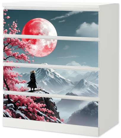 Möbelfolie IKEA Malm Kommode Samurai Sakura 4 Je Nach Wahl 4er | Malm 4 Schubladen blasenfrei selbstklebende Folie für IKEA Möbel Kinderzimmer Schlafzimmer für Möbel Deko Zuhause