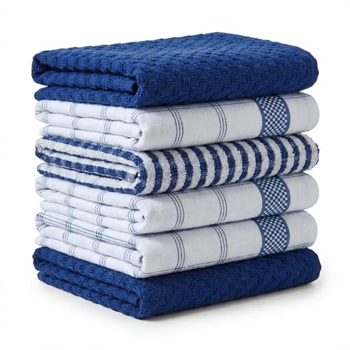 BOSKIMO Paños de Cocina Algodón Premium – Pack de 6 Trapos de Cocina Microfibra y Rizo, Trapos Cocina Algodón Absorbentes, Paños de Limpieza Tinto Azul