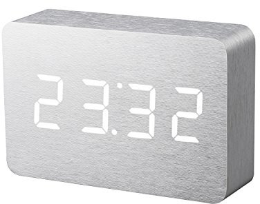 Gingko Brick LED Click Clock Wecker mit Soundaktivierung (Zeit, Datum und Temperatur), Aluminium/Weiß LED