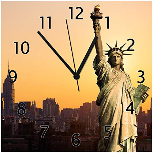 Wallario Design-Wanduhr Freiheitsstatue New York aus Glas, Motiv-Uhr Größe 30 x 30 cm, Schwarze Zeiger