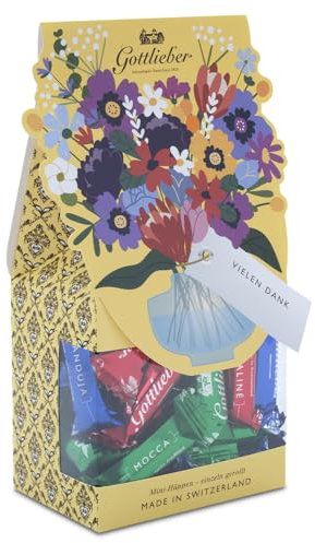 Gottlieber Mini-Hüppen «Tradition» mit Blumenstrauss-Motiv: «Vielen Dank» (Waffelröllchen mit Cremefüllung Praliné, Mocca, Gianduja) 150g (31010233)