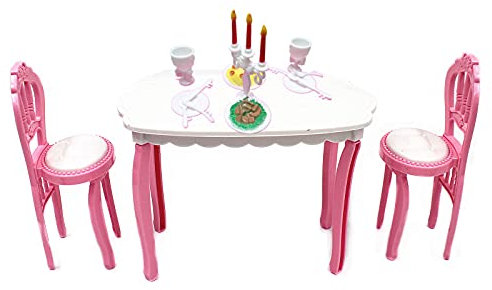 XHBTS Weiß/Rosa Esstisch Stuhl Modell Set Puppenhaus Miniatur Möbel mit Tisch 2 Stück Stuhl und Kerze Kuchendeckel Puppenhaus Set für Feiern, Geburtstagsfeier Kuchendekorationen