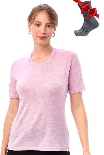 Merino.tech Merino Wool T Shirt Women - 100% Merino Wool Base Layer Womens Short Sleeve Tee + Hiking Socks (Large, Lilac Heather Crewneck)