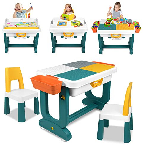 AufuN 5 in 1 Kindertisch Aktivitätstisch Höhenverstellbarer mit Stühle Set Spieltisch, Große Multifunktionaler Bausteine Set Sandtisch mit Stauraum, 2 Stühle, Geschenk für Jungen und Mädchen