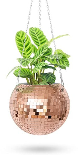 OtNiap Discokugel-Übertopf – mit Haken und Holzständer für den Schreibtisch, hängende Discokugel, Pflanzgefäß für Heimdekoration, Boho-Dekoration, Discokugel-Dekor – 15,2 cm