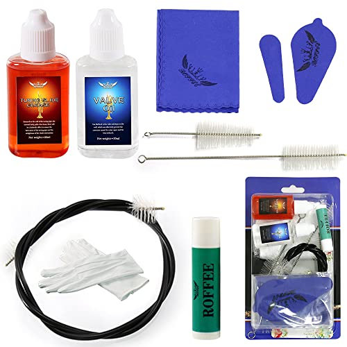 Trumpet/Cornet Care Cleaning Kit,Maintenance Kit,Valve Oil,Tuning Slide Grease,Flexible Brush,Valve Brush,Mouthpiece Brush,Cork Grease,Cleaning Cloth and More