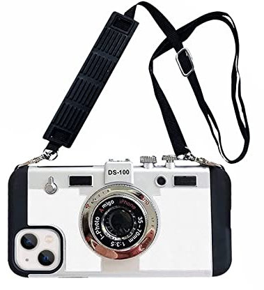 SGVAHY Emily in Paris Phone Case for iPhone 14 Pro Vintage Camera Case Cute 3D Unique Design Cover with Removable Neck Strap Lanyard Silicone Case for Girls Kids Women White