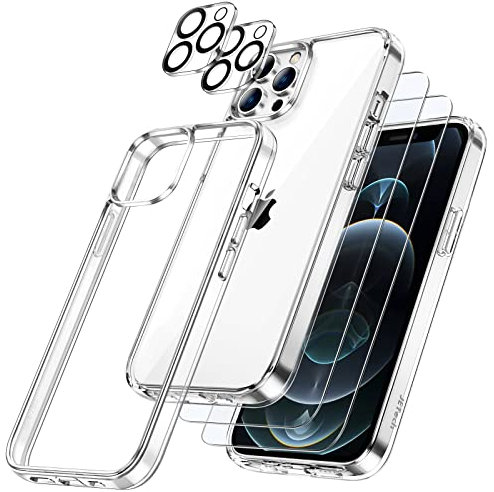 JETech 5 in 1 Case for iPhone 12 Pro Max 6.7-Inch, with 2-Pack Screen Protector and Camera Lens Protector, Non-Yellowing, Full Coverage Tempered Glass Film, Shockproof Bumper Phone Cover (Clear)