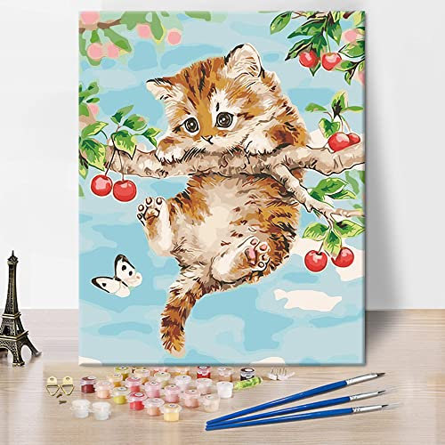 TISHIRON Cerise et le chat Peinture par Numéros, Animaux chat Peinture par Numéro pour Adultes Enfants Débutant, Animaux Peinture par Numéro sur Toile Arts pour la Maison Décor Mural 16X20 Pouces