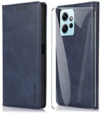 THIYUFUNS Coque pour Xiaomi Redmi Note 12 4G avec Verre Trempé Protection écran,Housse Cuir PU Portefeuille Magnétique pour Xiaomi Redmi Note 12 4G - Bleu
