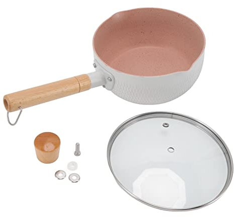 MOUMOUTEN Casserole, Pot à Lait Multifonctionnel En Alliage D'Aluminium Antiadhésif Avec Poignée En Bois, Casserole De Style Japonais Deux Becs Verseurs, Outil De Cuisine Avec Couvercle(Blanc)