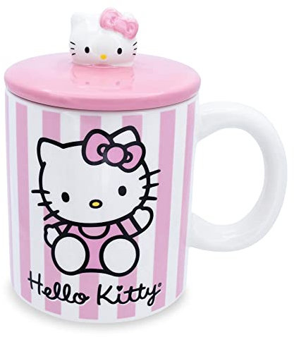 Toynk Sanrio Hello Kitty - Tazza in ceramica con coperchio, motivo a righe rosa, per tè, espresso, cacao, contiene 510 ml