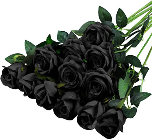 Anaoo 12pcs Fiori Artificiali Fiore Finta di Seta Rosa Artificiale Singolo Bouquet da Sposa Fiori Decorazione di Nozze Feste Giardino Ufficio Centrotavola per Matrimonio, Nero
