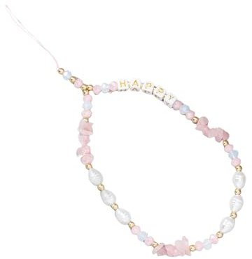 Handmade Bohemian Beaded Phone Charm Lanyard Wrist Strap Colorful Pearls Happy Letter Phone Chain String Anti Lost Lanyard Hanging Cord for Women Girls Phone Charm Jewelry-Pink