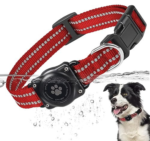 Airtag Hundehalsband, 100% Wasserdicht Integriertes Apple Air Tag Hundehalsbänder, Reflektierendes GPS Hundehalsband mit Hartem PC AirTag Halter Hülle für Kleine Mittlere Große Hunde (Rot)