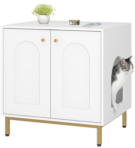 Hzuaneri Katzenschrank, Katzentoilette, Katzenklo Schrank, Katzenhaus mit Tür, Hölzerner Beistelltisch für das Haustierhaus, 60 x 50 x 61 cm, Stabile Katzenschrank, Weiß und Gold CB81203G