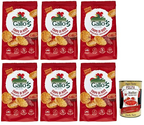 Italian Gourmet Chips con Riso Rosso Snack Paprika Vollkorn 6 x 40g | Croccanti e leggeri, in comode buste monoporzione; würzig, perfekt für, Gesamtnettogewicht 240 g + Kostenlos Polpa 400g