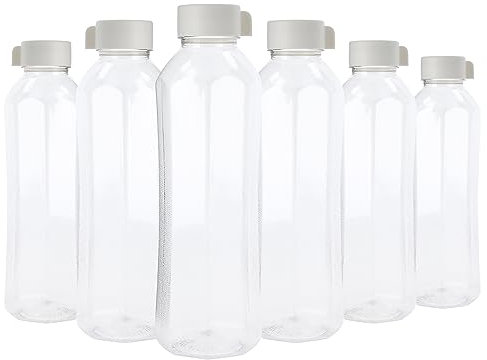 Plastic Water Bottles 6 Pack 1L Juice Bottles Reusable Smoothie Drink Bottles w/Lids Fridge Door Storage Beverage Table Water Serving Bottles Screw Cap Outdoor Sports Gym Transparent (White-Frosted)