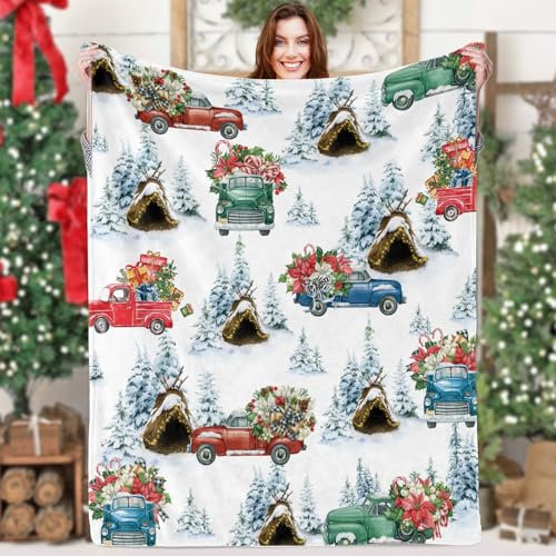 Weihnachts Geschenk LKW Decke, Weich Flauschige Kuscheldecke Weihnachten Fleecedecke mit weiß Schnee LKW Baum Muster, Warm Plüsch Weihnachtsdecke, Geschenk für Kinder Winter Weihnachtsdeko Sofa Deko