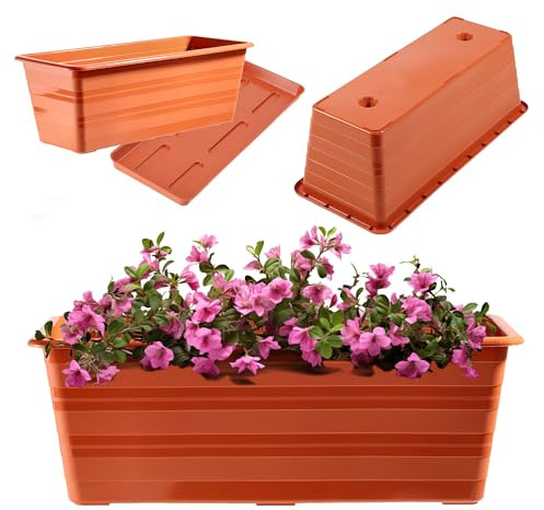 KADAX Jardinière 40 cm avec soucoupes, en terre cuite, pot de balcon en plastique, jardinière résistante aux intempéries, pot de fleur, jardinière pour balustrade pour fleurs, herbes