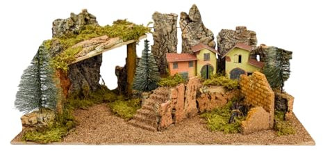 Generico Presepe Completo Villaggio Natalizio con Alberi, Linea Natale, Capanna e Fontana a pompa d'acqua, MISURE 56x20 Cm Ambientazione in legno Paese con casette presepe su 2 livelli con muschio
