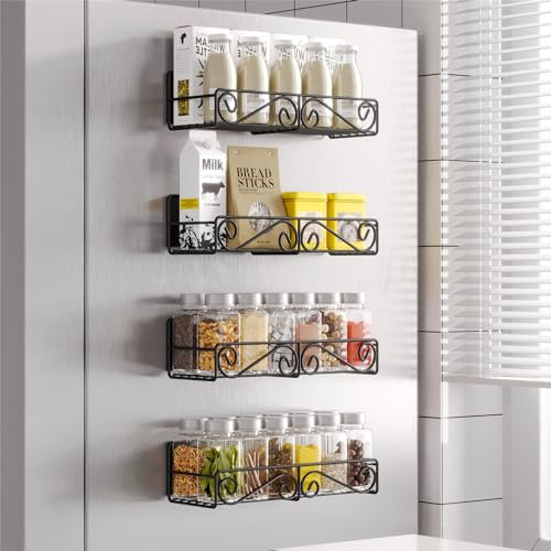 Thipoten Magnetisches Gewürzregal für Kühlschrank, 4 Stück, starkes Magnetregal für Gewürze, Gläser, Flaschen, perfekter Platzsparer für kleine Küche/Wohnung (schwarz, 4er-Pack)