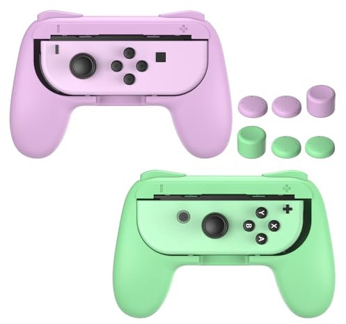 FASTSNAIL Gummierte Griffe Kompatibel mit Nintendo Switch für JoyCon, Halterung Gaming Controller Kompatibel mit Switch OLED, mit 3 Paar Daumengriffen(Lila + Grün)