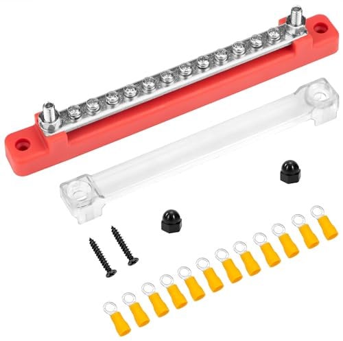 QIMEI-SHOP Blocco di Distribuzione Alimentazione 12V-48V DC Busbar 150A Morsettiera di Alimentazione con 12 x M4 Terminale a Bolts per Auto Camion Barca Rosso