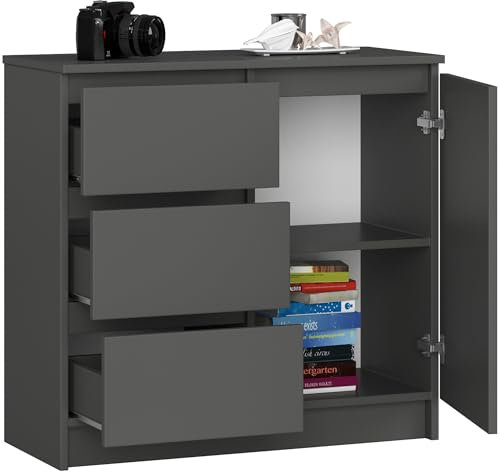 BDW - Kommode mit 3 Schubladen und 1 Tür - 80 cm breit, 77 cm hoch - Schrank, Sideboard, Mehrzweck-, Schuhschrank, Schubladenkommode, Aktenschrank - Wohn-, Schlafzimmer, Flur - Grau