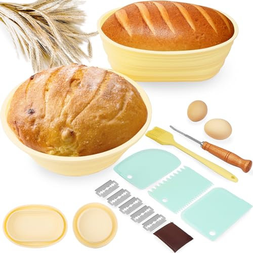 WALLFID Ensemble de corbeilles à pain,panier à levain pliable en silicone,paniers de levée ronds et ovales,comprend une brosse en silicone,un coupe-râteau en bois,un grattoir en plastique