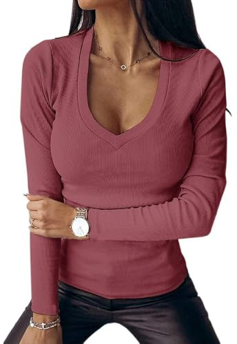 Imily Bela Maglione da donna con scollo a V, a coste, slim fit, sottile, sexy, a maniche lunghe, basic