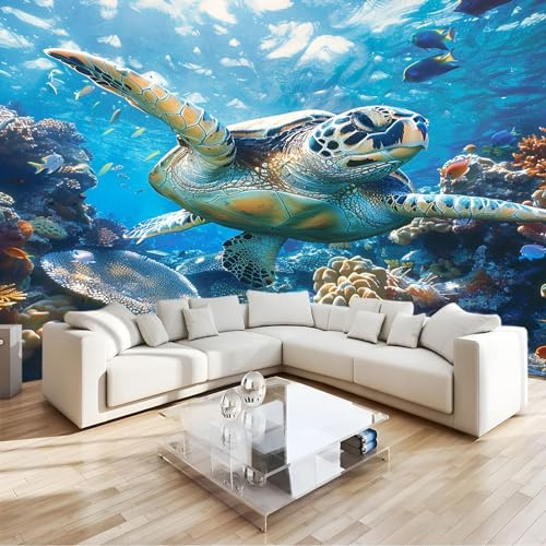 Blau Fototapete Vlies Unterwasserwelt Meeresschildkröten 3D Wandbild, Uv-Beständig & Schadstofffrei, Modernes Wanddeko, Für Wohnzimmer, Schlafzimmer, Kinderzimmer B300 X H210 Cm