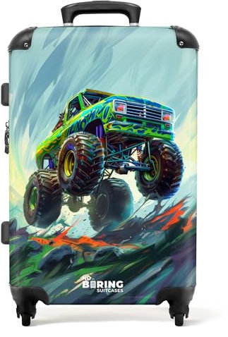 NoBoringSuitcases.com Kinderkoffer, Kinderkoffer Jungen, Koffer Groß, Koffer Kinder, TSA, Kindertrolley Jungen, Koffer 20kg Gepäck, Kinder Koffer, Koffer Größe M (Monstertruck - Grün 67 cm - 72 L)