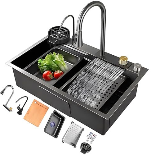 Generico lavelloLavello da Cucina in Acciaio Inossidabile a Vasca Singola Nera, lavello a Cascata, Piano di Lavoro Mobile da Cucina, con Rubinetto Estraibile, Lavatrice in Vetro e Accessori (S : 85x4