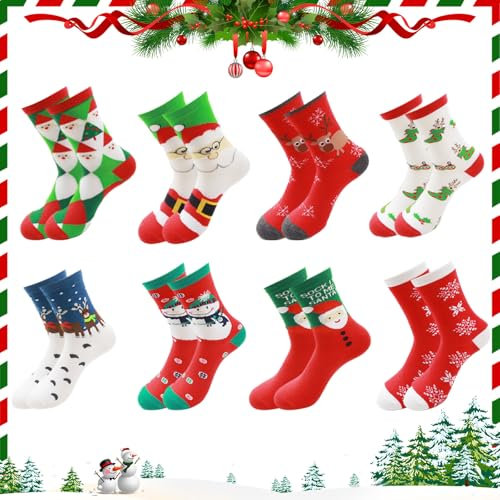 Qintora 8 Paires Chaussette de Noel, Chaussette de Noël Femme Homme, Fantaisie Chaussettes, Chausette Noel Motif Fantaisie de Noël, Taille 35-41