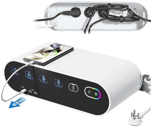 SooPii Regleta con Caja organizadora de Cables, 5 Tomas de Corriente con interruptores Individuales, Cargador GAN de 65 W, Cable de extensión de 6,6 pies, para Uso en el hogar y la Oficina