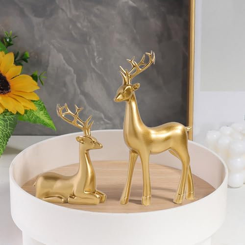 Christmas 2 Pcs Black Reindeer Sculpture, Resin Sitting Standing Deer Statue, Cute Reindeer Figurines Deer Decorations, Gold Silver Black Resin Elk Statues, Birthday Gift for Girl Men(Gold)